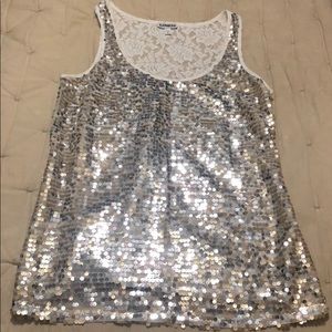 Silver and gold sequin Express tank w lace back